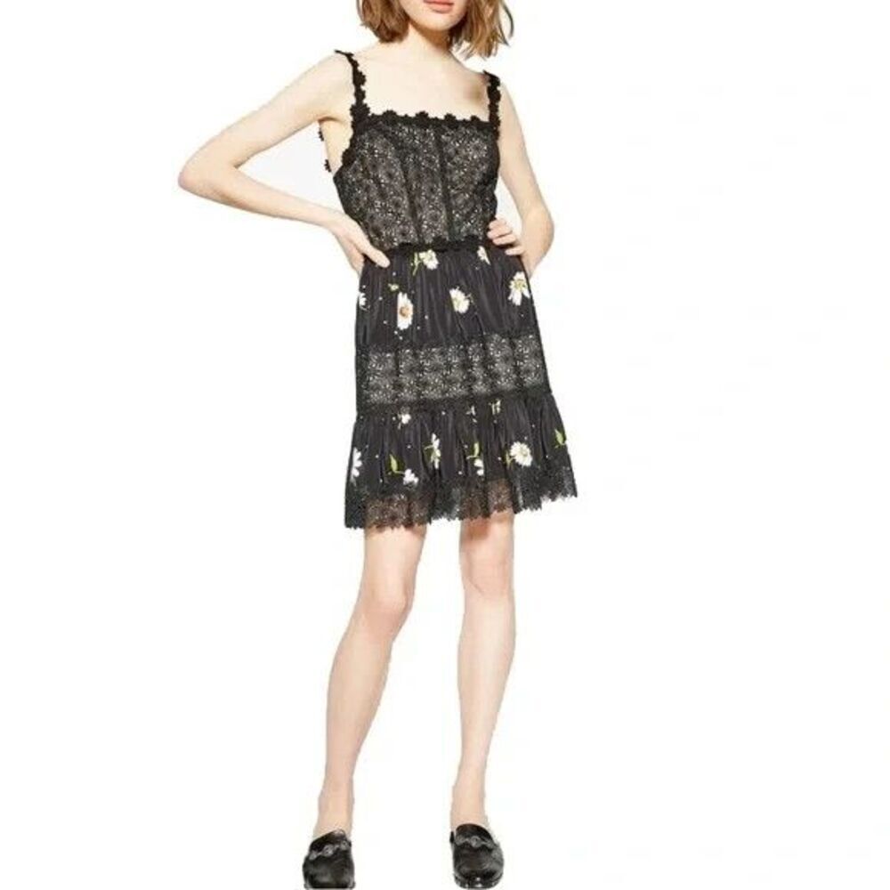 FEW MODA Black Lace Crochet Daisy Skater Dress Medium Sleeveless Lined Boho